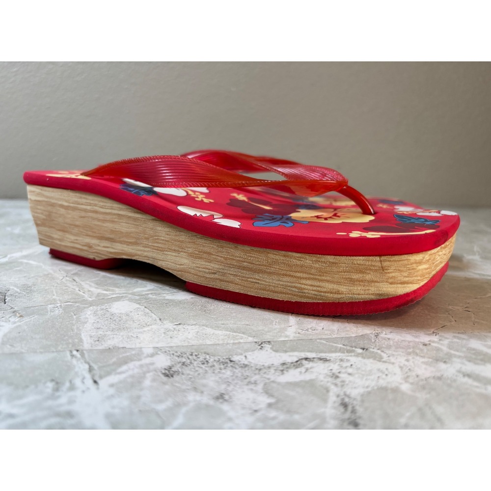 Vintage Y2K Arizona Jean Co Platform Flip Flops Sandals Red Floral Hibiscus Sz 9